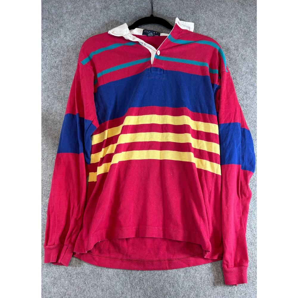 VTG 90s Gant Rugger Mens Polo Shirt Red Striped Long Sleeve Rugby Preppy Medium
